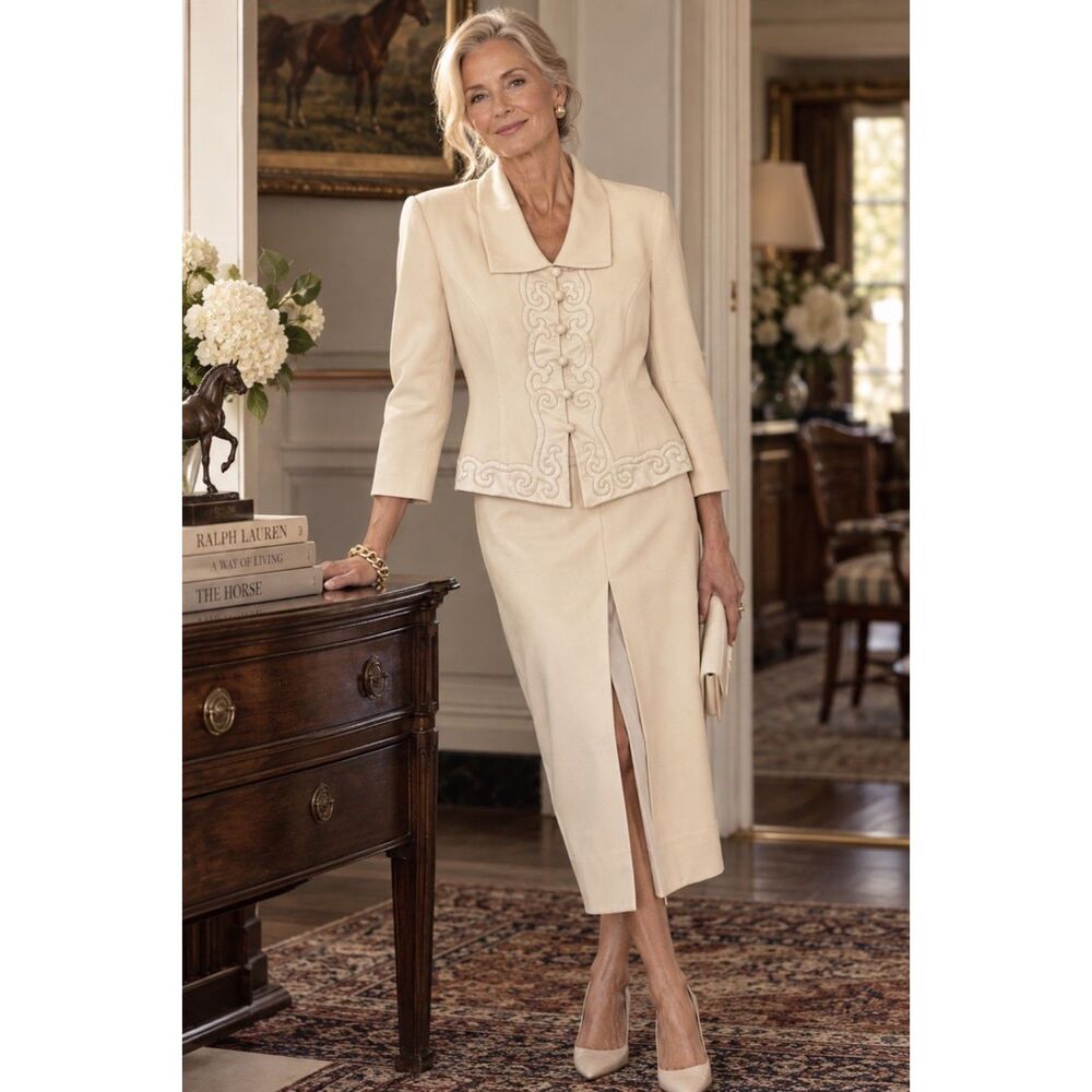 Donna Morgan Women’s Size 14 Ivory Embroidered Skirt Suit Jacket 2 Piece Formal